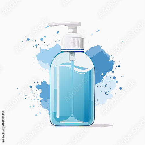 An illustration of a transparent pump bottle with blue liquid, set against an artistic watercolor splash background.