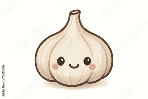 Cute kawaii garlic character with smiling face and blushing cheeks