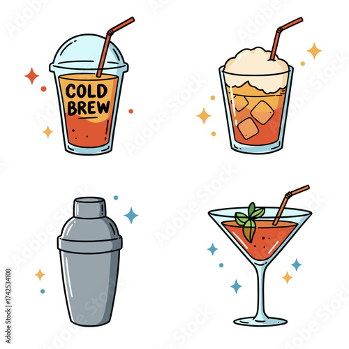 Cold brew and cocktail drinks in colorful illustrations for summer  