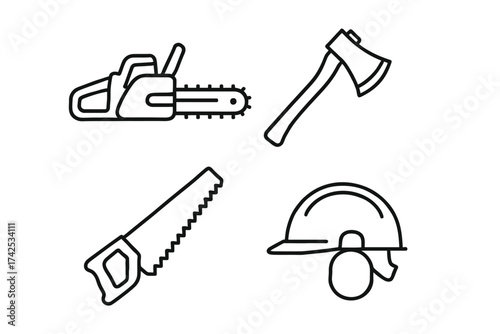 Chainsaw, axe, hand saw, and hard hat icon set for construction and woodworking