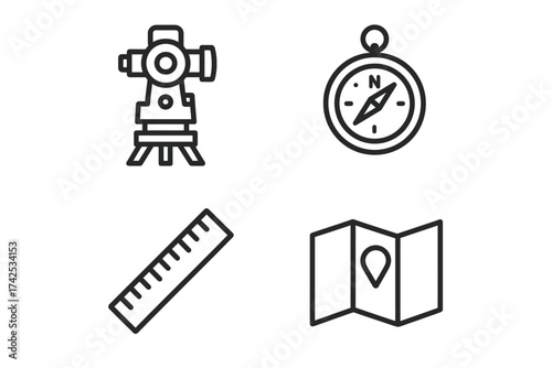 Surveying equipment icons: theodolite, compass, ruler, map