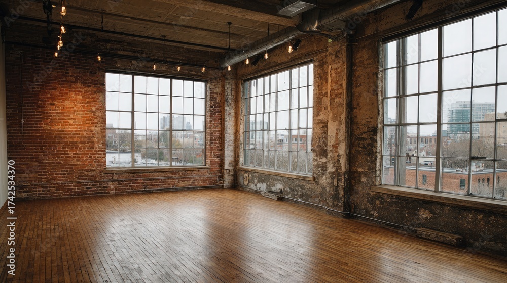 Fototapeta premium Empty Industrial Loft Space with Large Windows and Rustic Walls