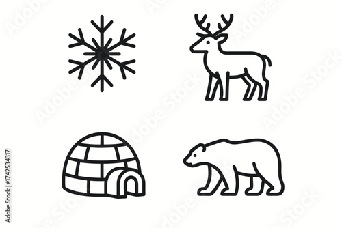 Winter icons: snowflake, reindeer, igloo, and polar bear illustrations
