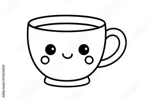 Cute smiling kawaii style teacup illustration with simple line art design