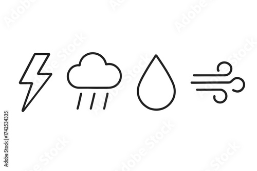 Icons of thunderstorm, rain, water drop, and wind in minimalist black design