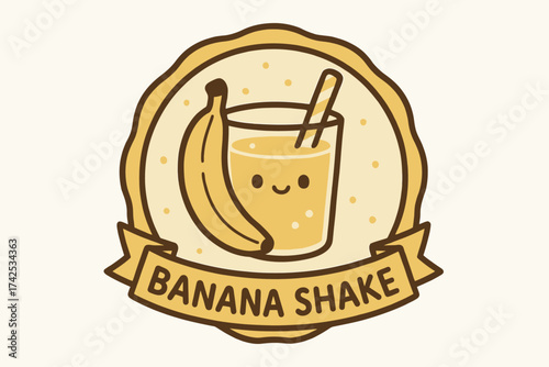 Cute cartoon banana shake logo with smiling glass and straw design