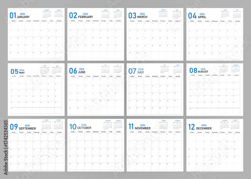 Calendar layout of 2026 | Monthly diary planner in 2026 | Monthly calendar template for 2026 year with blue font | Wall calendar in a minimalist style with previous and next month 