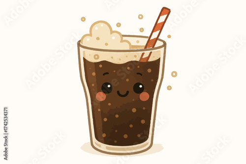 Cute smiling cartoon soda with bubbles and striped straw