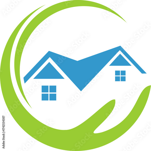 Hand Zwei Häuser, Dächer, Immobilien und Dachdecker Logo, Icon