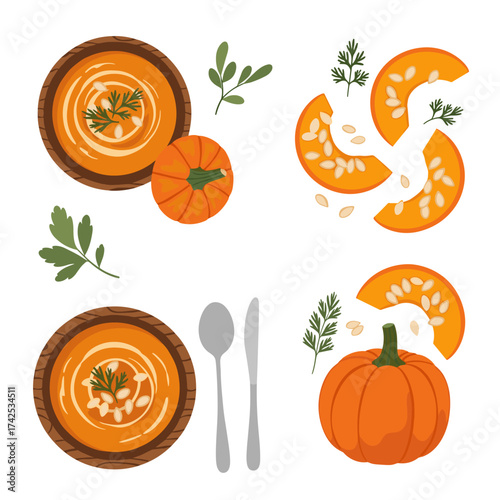 Delicious pumpkin soup with fresh herbs and autumn spices is a perfect seasonal meal.