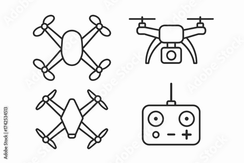 Simple drone and remote controller icons in black and white line art