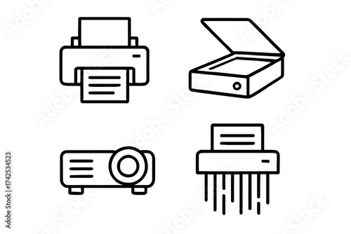 Office equipment icons: printer, scanner, projector, shredder line art