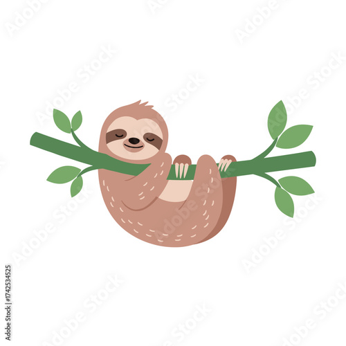 A cute brown sloth is hanging upside down on a tree branch with green leaves.