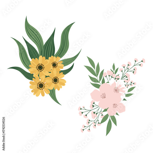 Two beautiful floral arrangements with yellow and pink flowers and green leaves.