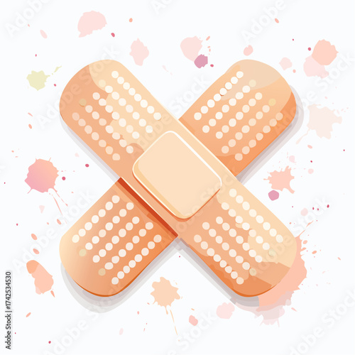 Two adhesive bandages are crossed over each other on a white background with watercolor splatters.