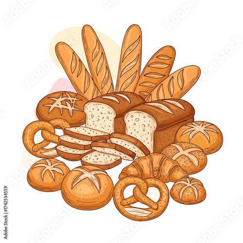 A diverse assortment of freshly baked bread pastries and baked goods.