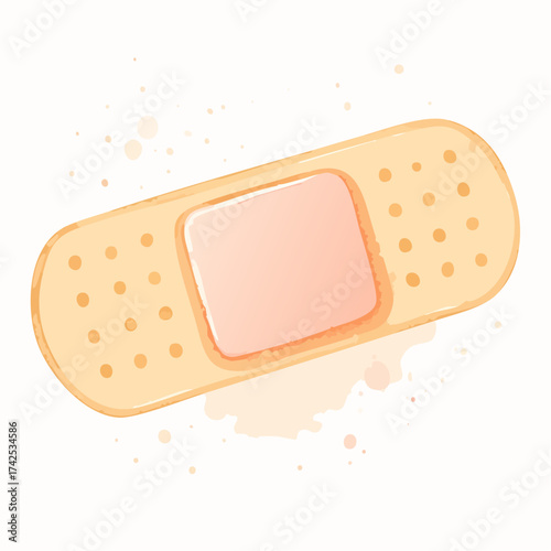 Watercolor illustration of a beige adhesive bandage with a pink absorbent pad, isolated on white.