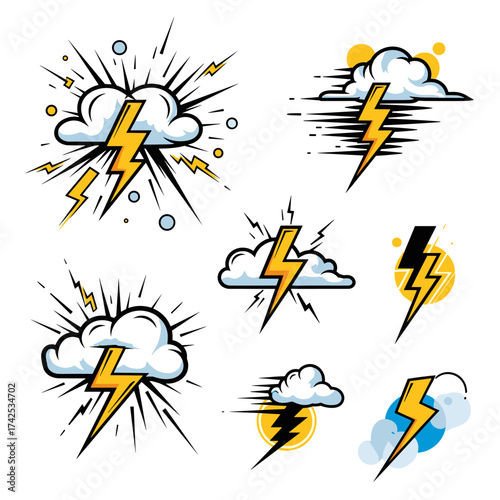 collection of stylized illustrations depicting storm clouds with lightning bolts and energetic bursts of light.