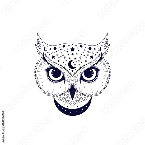 A celestial owl with intricate starry patterns and crescent moon adornments gazing wisely.