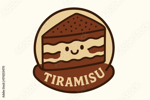 Cartoon tiramisu icon with smiling face and chocolate layers