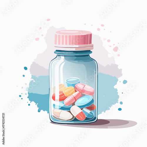 Illustration of a bottle filled with colorful pills and a pink lid.