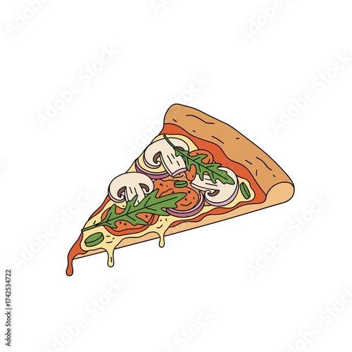 A delicious slice of vegetarian pizza topped with mushrooms onions and fresh greens.