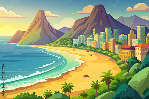 Copacabana Beach Rio de Janeiro Brazil, tropical coastline, iconic South American travel destination, colorful umbrellas, oceanfront view, cultural beach scene, summer paradise