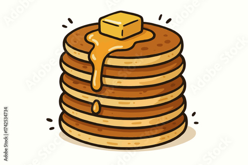 Stack of pancakes with butter and syrup dripping on top