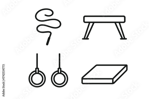 Outline icons of gymnastics equipment: rope, pommel horse, rings, mat