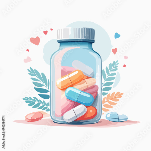 A clear bottle filled with colorful pills and capsules, surrounded by decorative hearts and leaves, symbolizing healthcare and wellness.