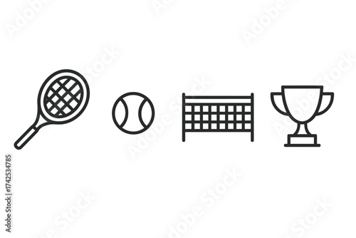 Tennis equipment and trophy icons: racket, ball, net, cup in outline style