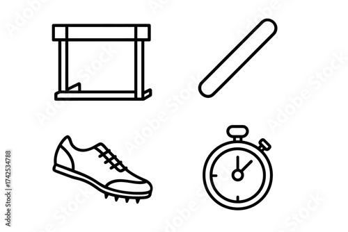 Athletic equipment icons: starting block, baton, running shoe, stopwatch