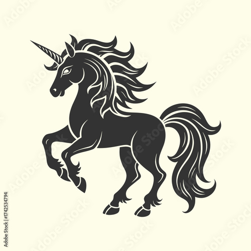 Majestic unicorn standing on its hind legs, mystical heraldic crest monochrome vector graphic of a fantasy horse.