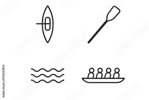 Canoe and paddle icons with waves and team rowing illustration