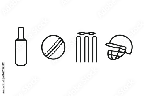 Outline of cricket equipment: bat, ball, stumps, helmet in minimalist design