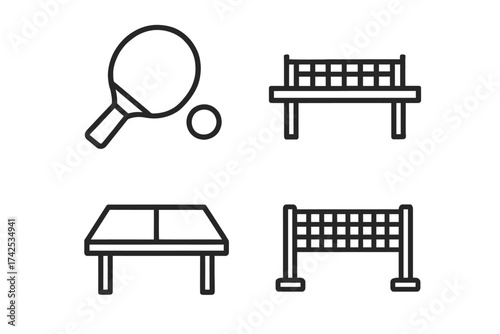 Simple black icons of ping pong equipment and volleyball nets on white background