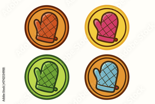 Colorful quilted mittens on circular backgrounds in varied hues
