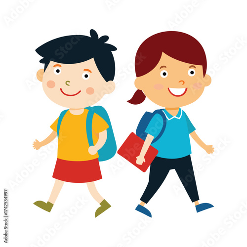 Smiling children go to school with bags on white background