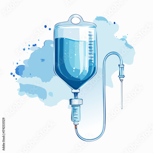Illustration of an intravenous drip bag filled with clear liquid, medical equipment.