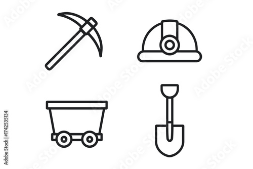 Collection of mining tools: pickaxe, hard hat, mining cart, and shovel icons