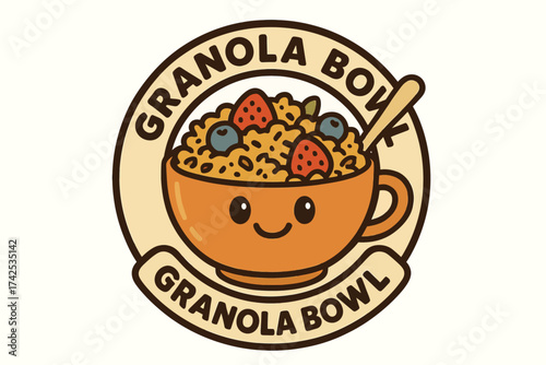 Cute cartoon granola bowl with berries and spoon