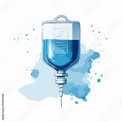 Watercolor illustration of an IV bag with blue liquid, surrounded by blue watercolor splashes.