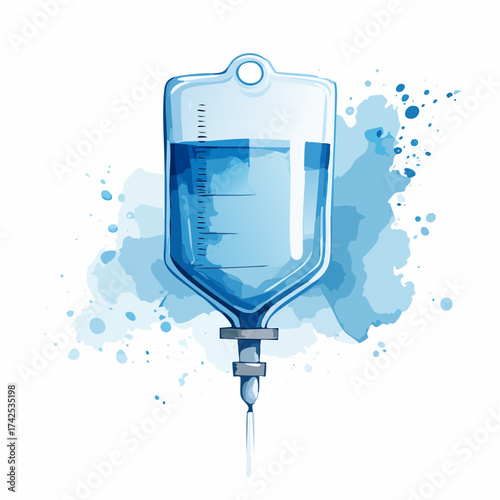 Medical IV drip bag with blue fluid, illustrated in a vibrant watercolor style on a white background.