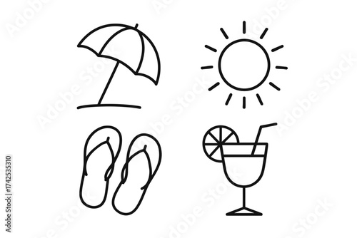 Summer icons: umbrella, sun, flip-flops, cocktail for beach getaway