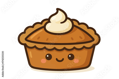 Cute kawaii pie with whipped cream topping and smiling face