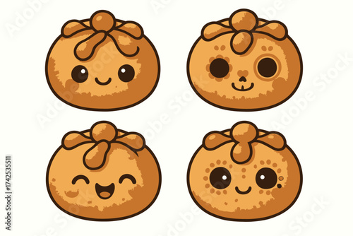 Cute kawaii food art featuring adorable smiling cartoon dumplings