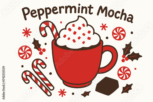 Festive peppermint mocha with candy canes and holiday decor