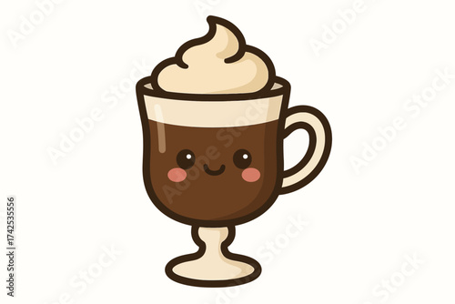 Cute cartoon hot chocolate in a mug with whipped cream and smiley face