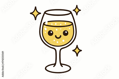 Cute kawaii cartoon glass of sparkling wine with smiley face and sparkles