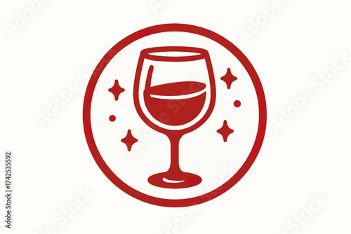 Red wine glass icon with sparkles on a white background